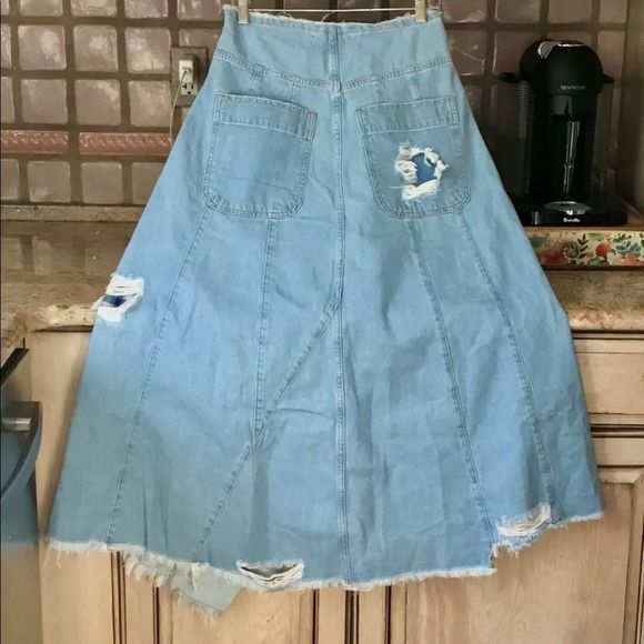 Free People riptide Denim Maxi Midi Skirt Plaid Patched Destroyed Distre… - Picture 4 of 6